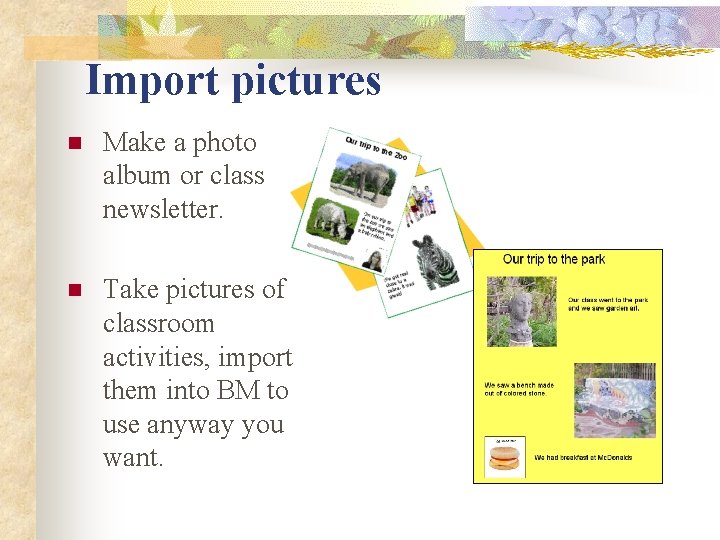 Import pictures n Make a photo album or class newsletter. n Take pictures of