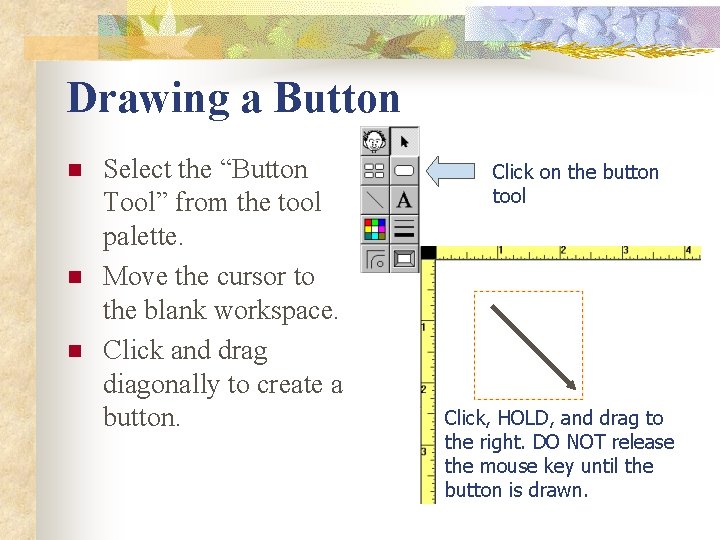 Drawing a Button n Select the “Button Tool” from the tool palette. Move the