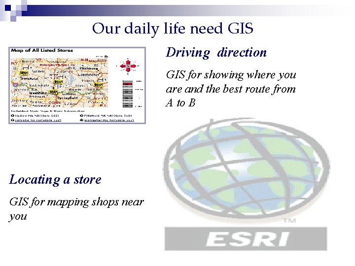 Our daily life need GIS Driving direction GIS for showing where you are and