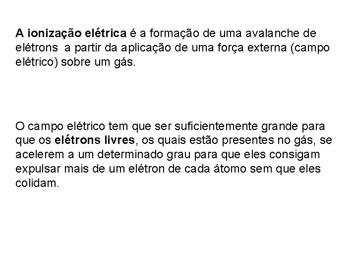 A ionização elétrica é a formação de uma avalanche de elétrons a partir da