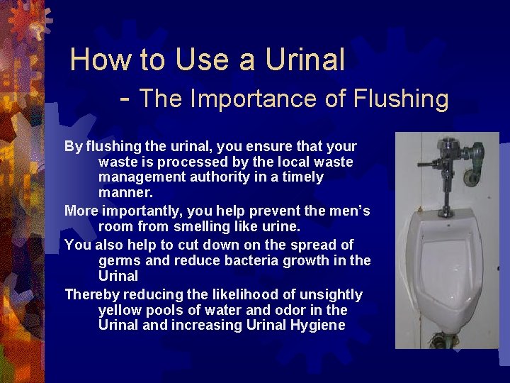 How to Use a Urinal - The Importance of Flushing By flushing the urinal,