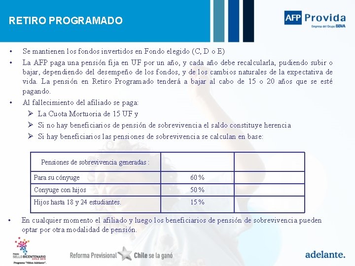 RETIRO PROGRAMADO • • • Se mantienen los fondos invertidos en Fondo elegido (C,