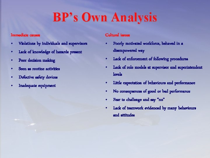 BP’s Own Analysis Immediate causes • Violations by individuals and supervisors • Lack of