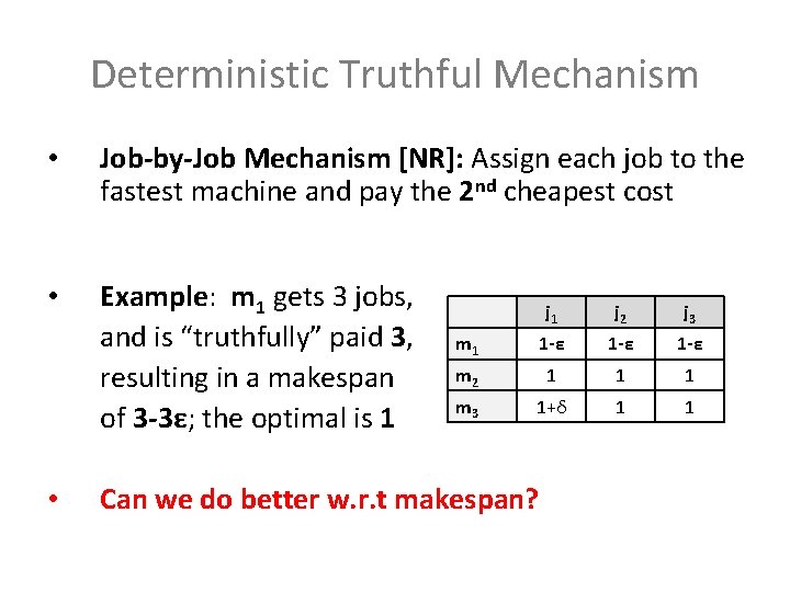 Deterministic Truthful Mechanism • Job-by-Job Mechanism [NR]: Assign each job to the fastest machine