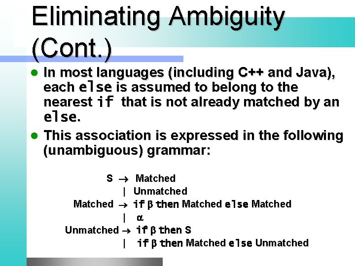 Eliminating Ambiguity (Cont. ) In most languages (including C++ and Java), each else is