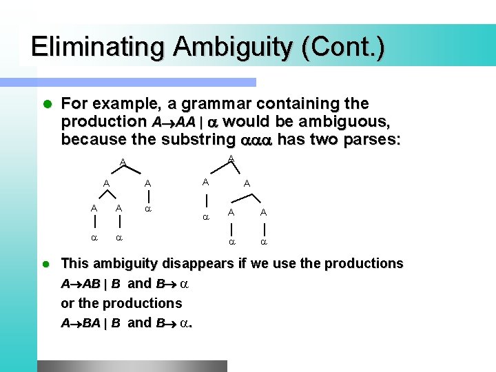 Eliminating Ambiguity (Cont. ) l For example, a grammar containing the production A AA