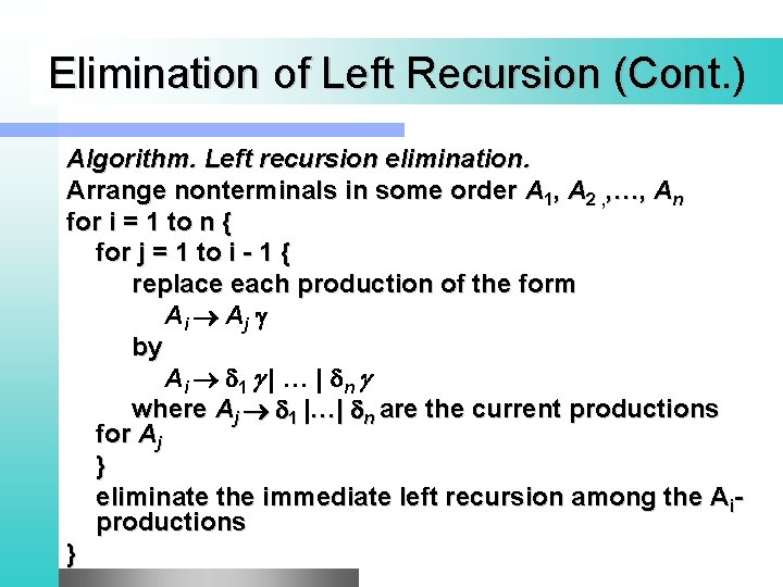 Elimination of Left Recursion (Cont. ) Algorithm. Left recursion elimination. Arrange nonterminals in some