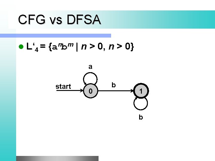 CFG vs DFSA l L‘ 4 = {anbm | n > 0, n >