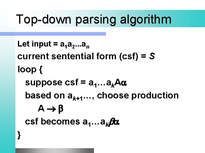 Top-down parsing algorithm Let input = a 1 a 2. . . an current