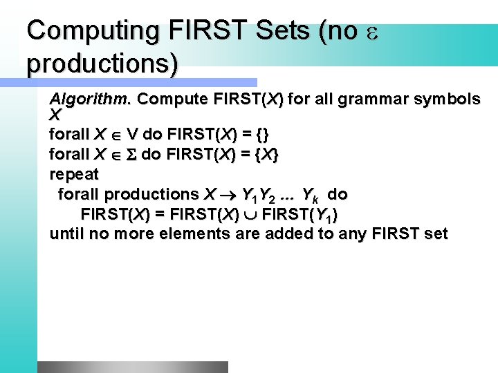 Computing FIRST Sets (no productions) Algorithm. Compute FIRST(X) for all grammar symbols X forall
