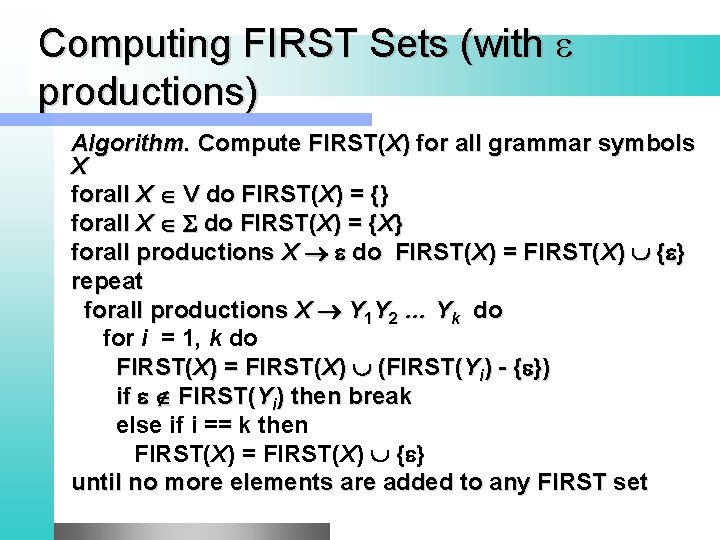 Computing FIRST Sets (with productions) Algorithm. Compute FIRST(X) for all grammar symbols X forall