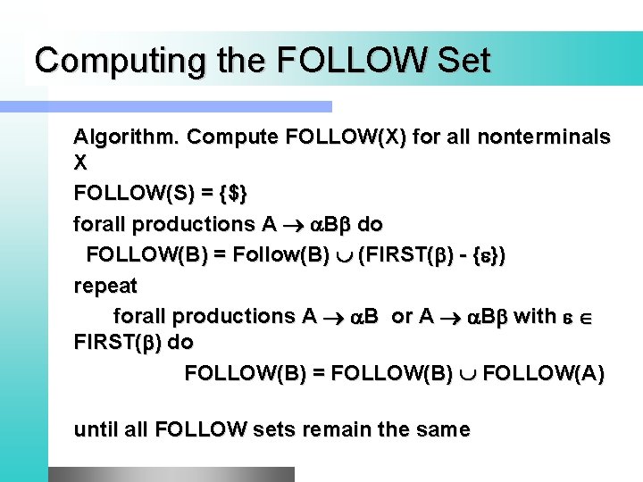 Computing the FOLLOW Set Algorithm. Compute FOLLOW(X) for all nonterminals X FOLLOW(S) = {$}