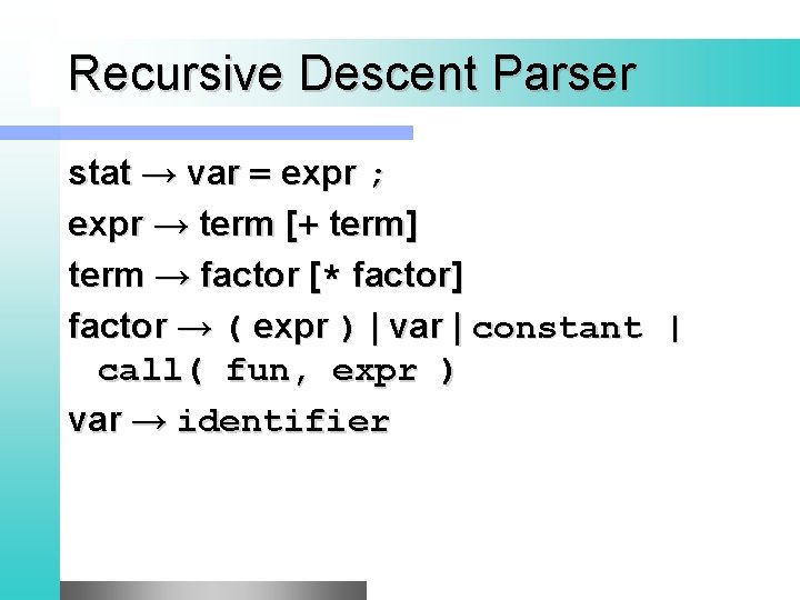 Recursive Descent Parser stat → var = expr ; expr → term [+ term]