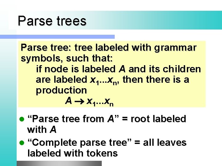 Parse trees Parse tree: tree labeled with grammar symbols, such that: if node is