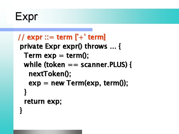 Expr // expr : : = term ['+' term] private Expr expr() throws …