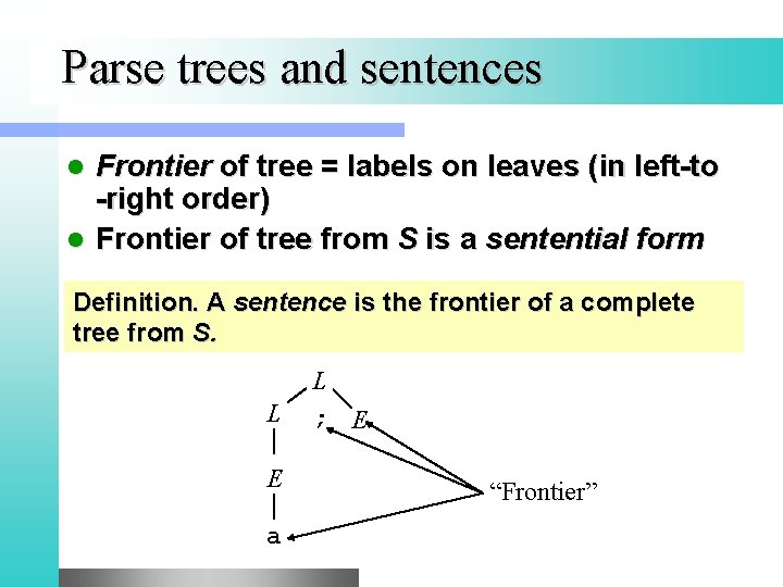 Parse trees and sentences Frontier of tree = labels on leaves (in left-to -right