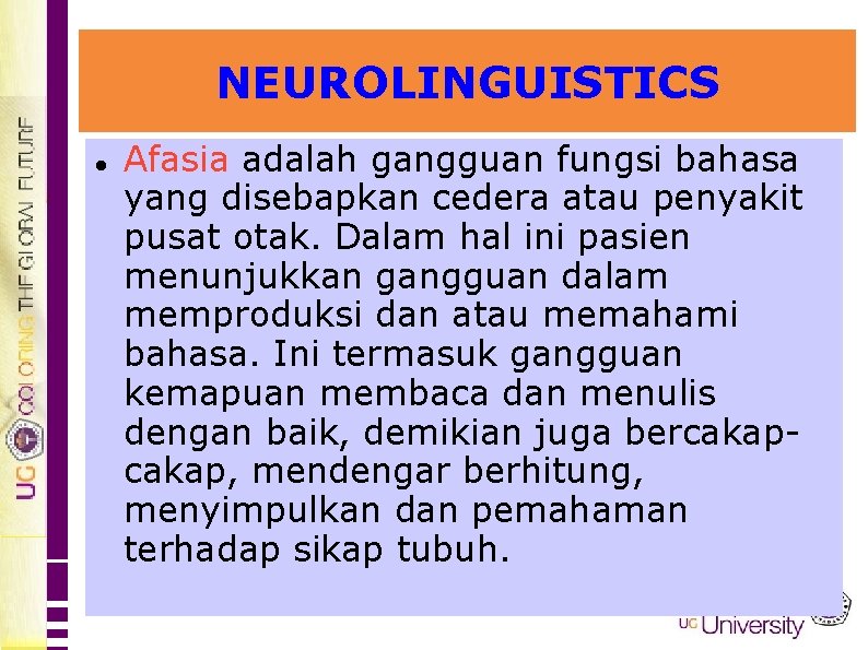 NEUROLINGUISTICS Afasia adalah gangguan fungsi bahasa yang disebapkan cedera atau penyakit pusat otak. Dalam