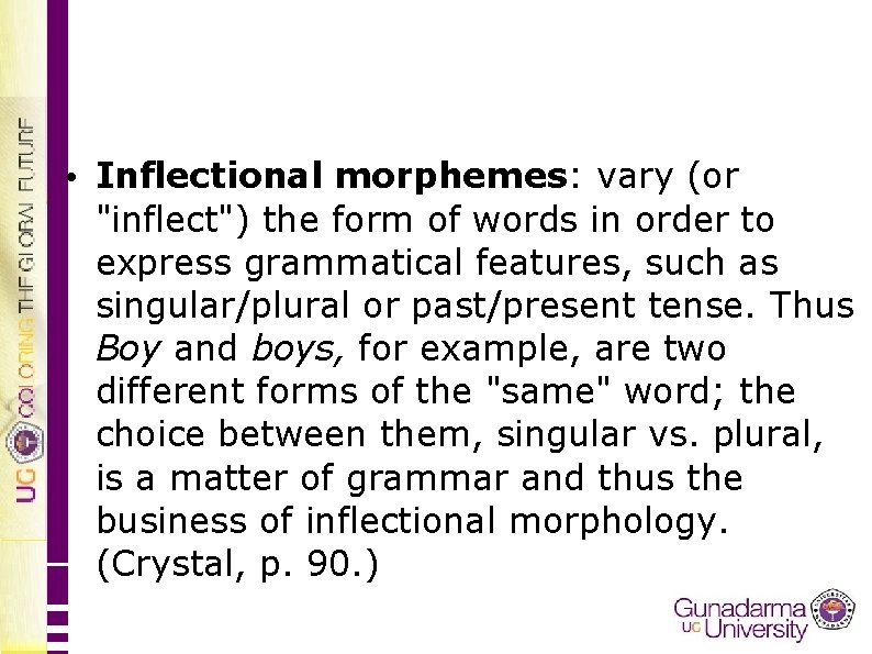  • Inflectional morphemes: vary (or "inflect") the form of words in order to