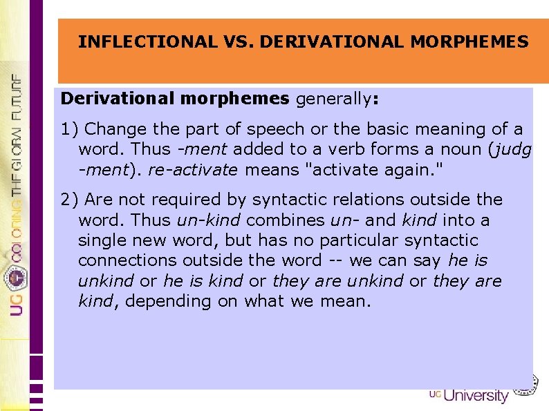 INFLECTIONAL VS. DERIVATIONAL MORPHEMES Derivational morphemes generally: 1) Change the part of speech or