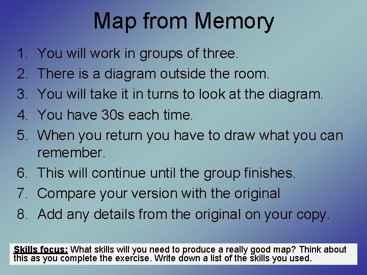 Map from Memory 1. 2. 3. 4. 5. You will work in groups of