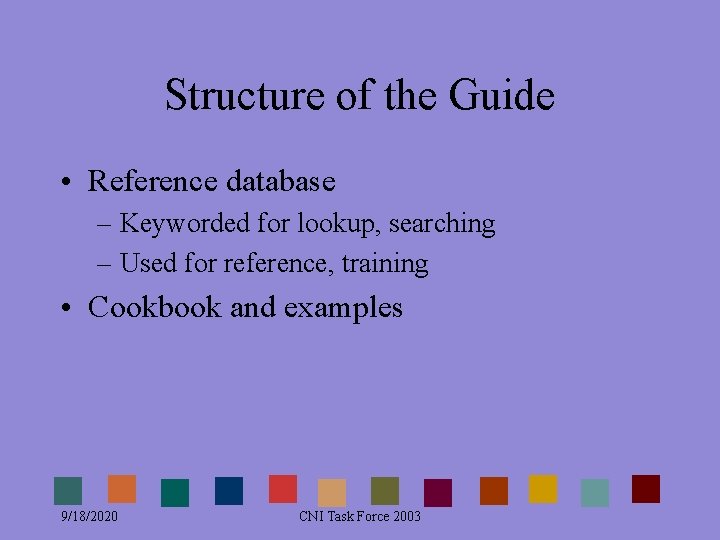 Structure of the Guide • Reference database – Keyworded for lookup, searching – Used Structure of the Guide • Reference database – Keyworded for lookup, searching – Used