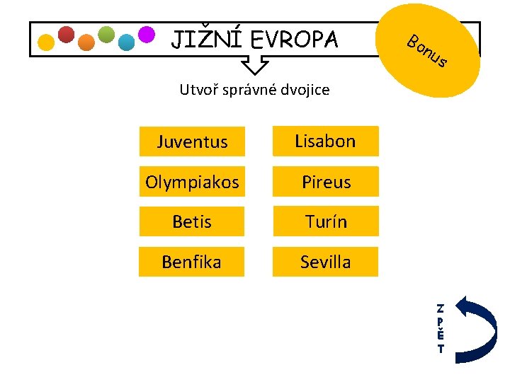 JIŽNÍ EVROPA Bo nu s Utvoř správné dvojice Juventus Lisabon Turín Olympiakos Pireus Betis