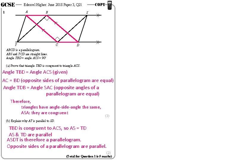 GCSE Edexcel Higher: June 2018 Paper 3, Q 21 A 1 B T S