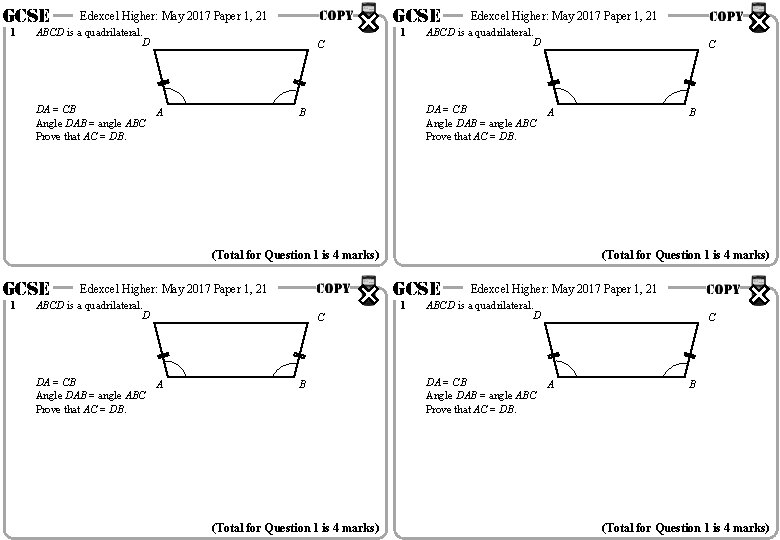 GCSE 1 GCSE Edexcel Higher: May 2017 Paper 1, 21 ABCD is a quadrilateral.