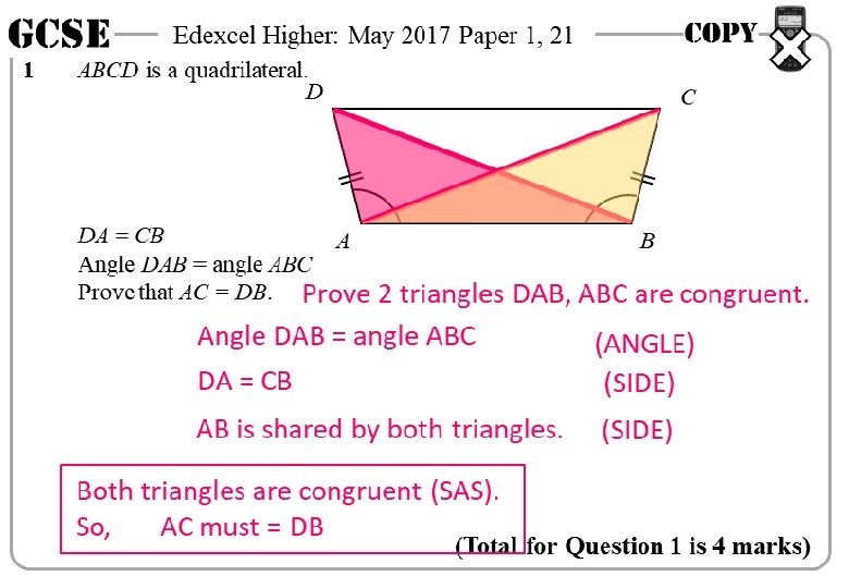 GCSE 1 Edexcel Higher: May 2017 Paper 1, 21 ABCD is a quadrilateral. D