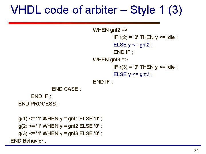 VHDL code of arbiter – Style 1 (3) WHEN gnt 2 => IF r(2)
