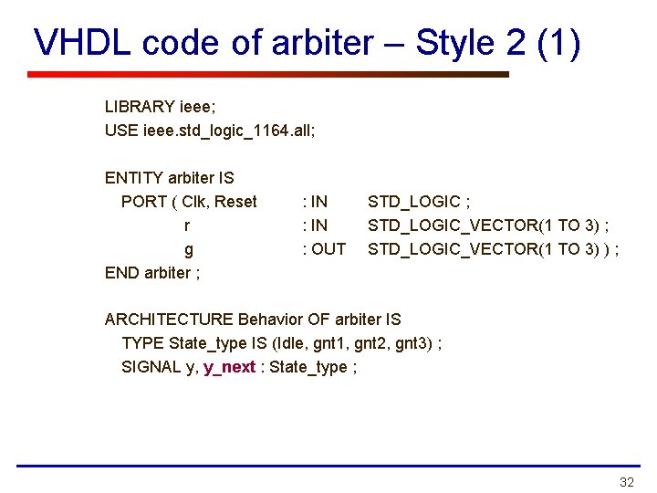 VHDL code of arbiter – Style 2 (1) LIBRARY ieee; USE ieee. std_logic_1164. all;