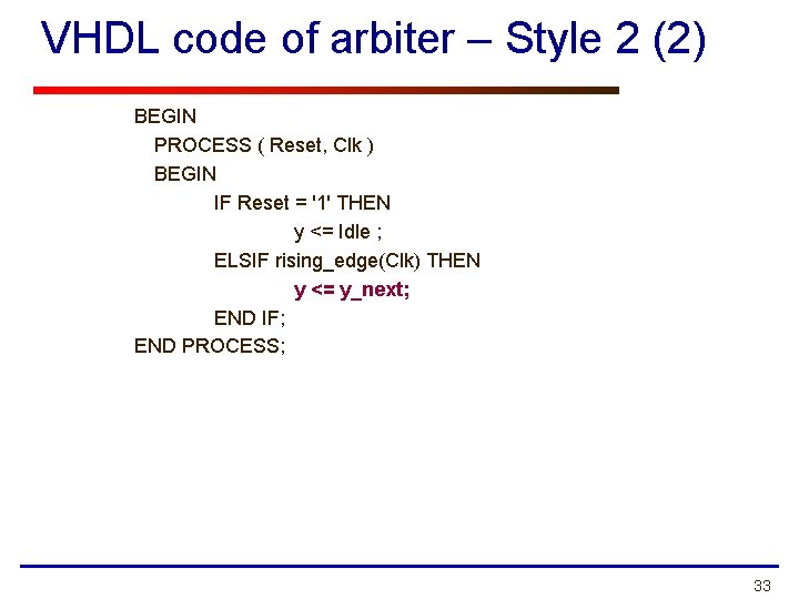 VHDL code of arbiter – Style 2 (2) BEGIN PROCESS ( Reset, Clk )