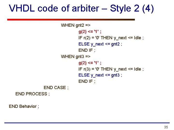 VHDL code of arbiter – Style 2 (4) WHEN gnt 2 => g(2) <=