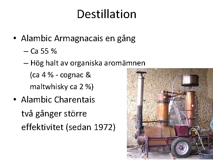 Destillation • Alambic Armagnacais en gång – Ca 55 % – Hög halt av