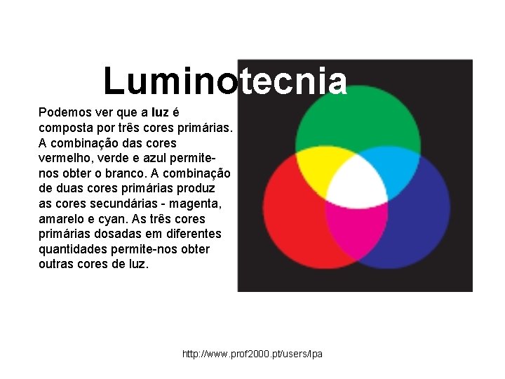 Luminotecnia Podemos ver que a luz é composta por três cores primárias. A combinação