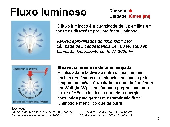 Fluxo luminoso Símbolo: Φ Unidade: lúmen (lm) O fluxo luminoso é a quantidade de