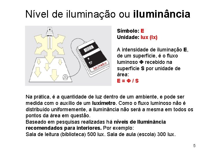 Nível de iluminação ou iluminância Símbolo: E Unidade: lux (lx) etro ím lux A