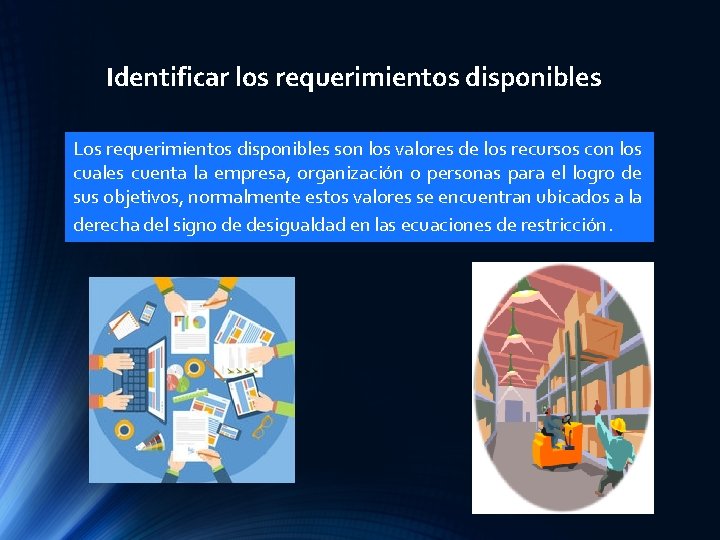 Identificar los requerimientos disponibles Los requerimientos disponibles son los valores de los recursos con