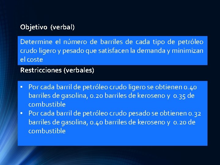 Objetivo (verbal) Determine el número de barriles de cada tipo de petróleo crudo ligero