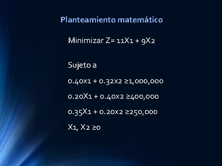 Planteamiento matemático Minimizar Z= 11 X 1 + 9 X 2 Sujeto a 0.