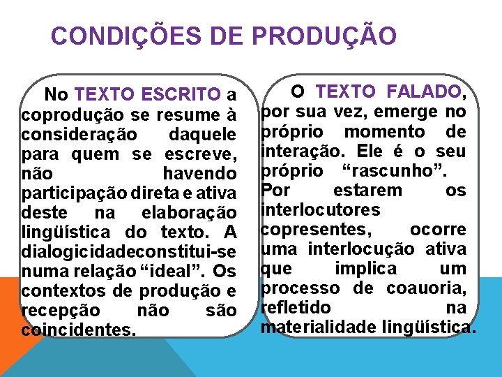 CONDIÇÕES DE PRODUÇÃO No TEXTO ESCRITO a coprodução se resume à consideração daquele para