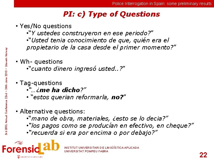 Police Interrogation in Spain: some preliminary results 3 rd i. IIRG Annual Conference 22