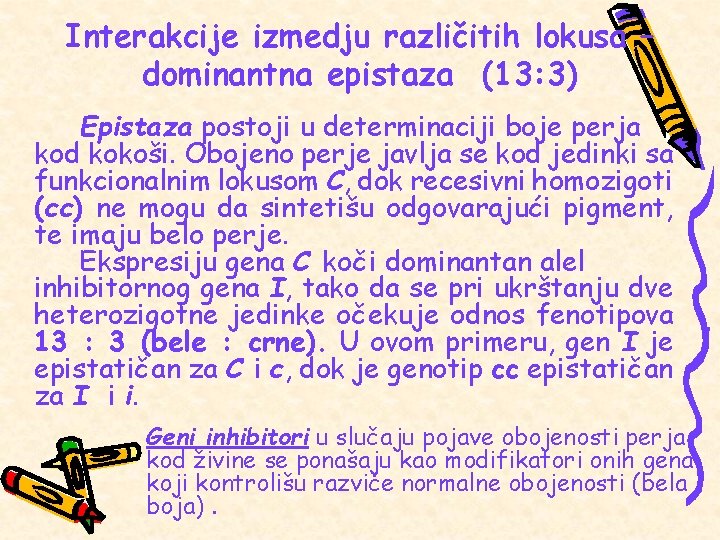 Interakcije izmedju različitih lokusa – dominantna epistaza (13: 3) Epistaza postoji u determinaciji boje