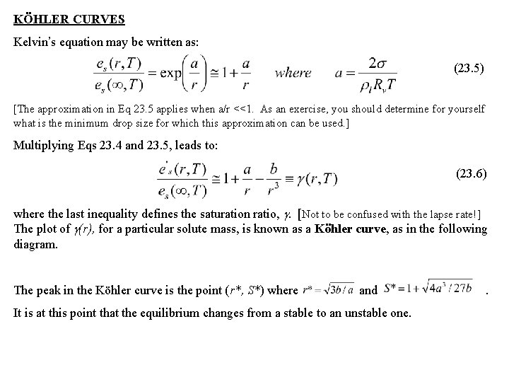 KÖHLER CURVES Kelvin’s equation may be written as: (23. 5) [The approximation in Eq