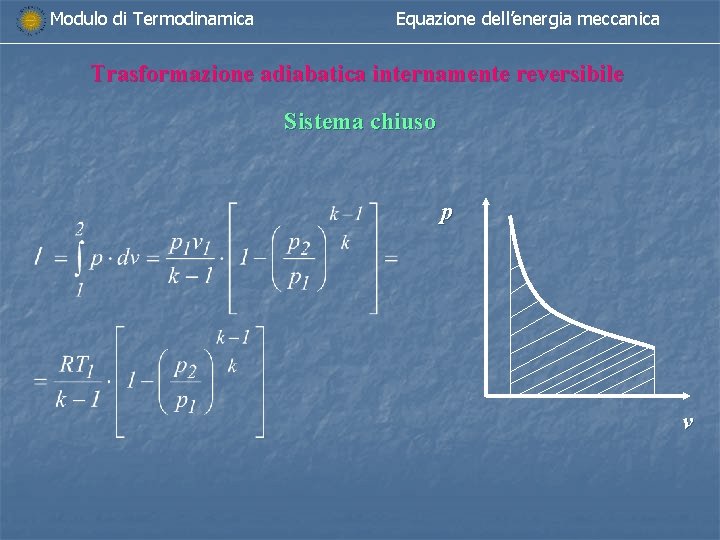 Modulo di Termodinamica Equazione dell’energia meccanica Trasformazione adiabatica internamente reversibile Sistema chiuso p v