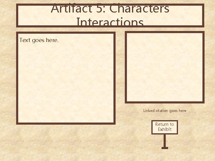 Artifact 5: Characters Interactions Text goes here. Linked citation goes here Return to Exhibit