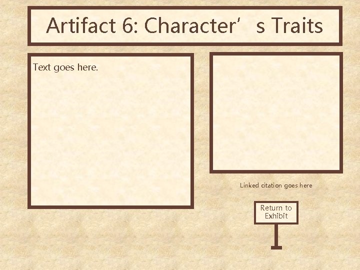 Artifact 6: Character’s Traits Text goes here. Linked citation goes here Return to Exhibit