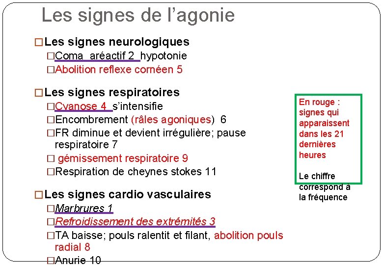 Les signes de l’agonie � Les signes neurologiques �Coma aréactif 2 hypotonie �Abolition reflexe