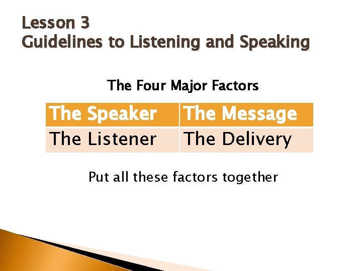 Lesson 3 Guidelines to Listening and Speaking The Four Major Factors The Speaker The