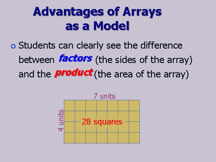 Advantages of Arrays as a Model Students can clearly see the difference between factors